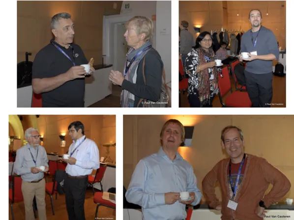 Figure 4: Some pictures taken during coffee/tea breaks illustrating the friendly atmosphere and per- per-sonal contacts between the participants of the 2 nd BINA workshop
