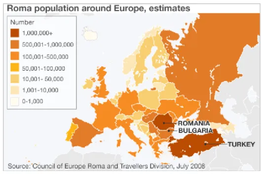 FIGURE 2 : ESTIMATION DE LA POPULATION ROM EN EUROPE (CONSEIL DE L’EUROPE, DIVISION ROMS ET VOYAGEURS,  JUILLET 2008) 