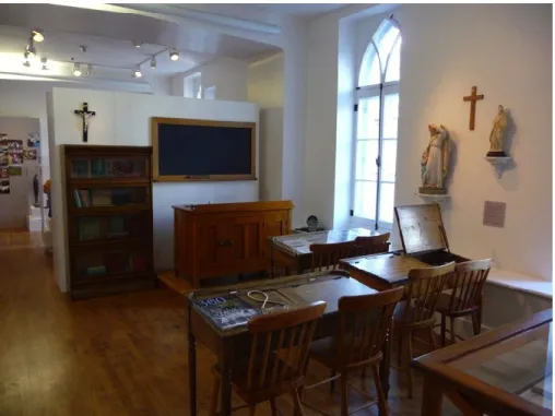 Figure  10.  Espace  du  Musée  Bon-Pasteur  rappelant  l’œuvre  d’enseignement des religieuses 
