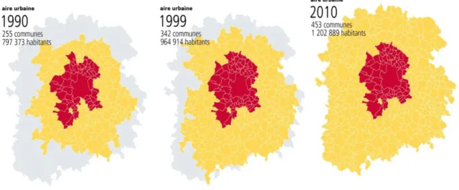 Figure 7 : Evolution de l’aire urbaine toulousaine entre 1990 et 2010 