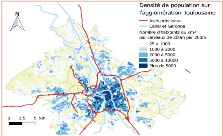 Figure 11: Densité de population au sein de Toulouse Métropole. Source: INSEE. Réalisation: Josselin ROUHIER