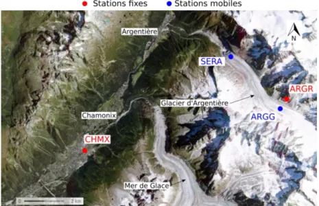 Figure 5 : Répartition des stations GPS sur le glacier d’Argentière. Source : géoportail pour le fond de carte 