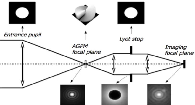 Figure  2.  AGPM  coronagraphic  optical  bench  scheme.  Numerical  coronagraphic  simulation  illustrating  the  diffractive  behavior of the AGPM in the K-band (Mawet et al