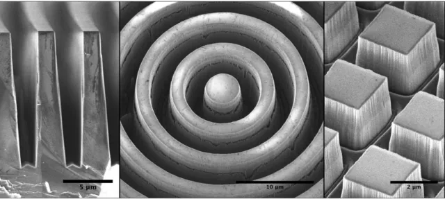 Figure 4. SEM-micrographs of a diamond AGPM for VISIR. Left: Cross sectional view of the grooves