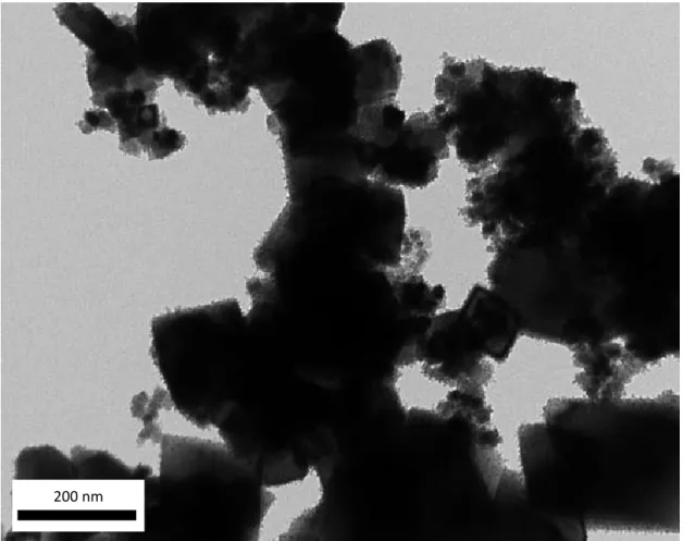 Figure 5.2 : Image MET de nanoparticules magnétiques octaédriques obtenues par coprécipitation  d’une solution de chlorure ferrique et ferreux d’un rapport 10 : 1