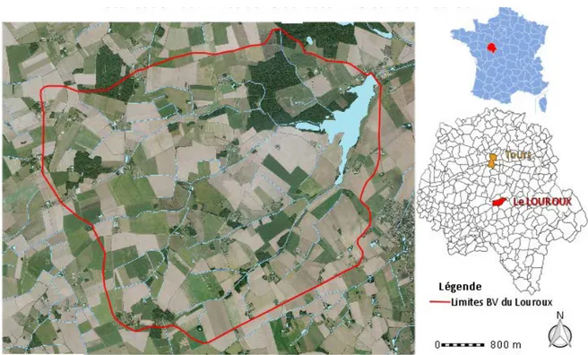 Figure 6 : localisation du bassin versant du Louroux (BD Ortho, BD Carthage, IGN, opendata.gouv.fr)