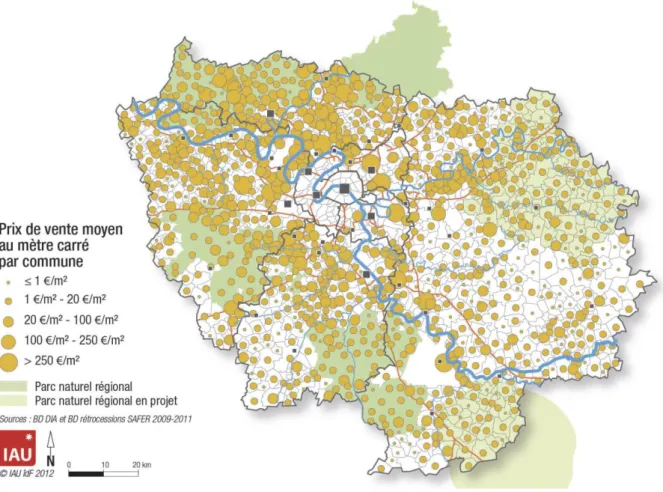 Figure 2 : Carte du prix moyen des terres en Île-de-France   (Source : Les pressions foncières en milieu agricole et naturel, IAU et SAFER) 
