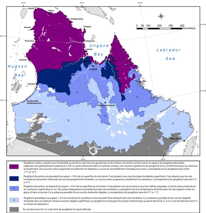 Figure 1.3  Carte de distribution du pergélisol au Québec (Allard et al., 2012). 