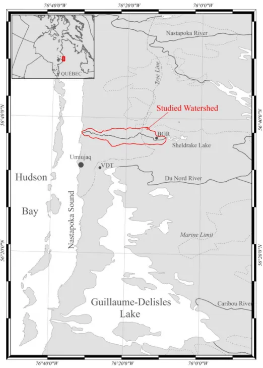 Figure 2.1 Location of the Sheldrake River catchment showing the position of the tree line  and the maximum elevation reached by the Tyrell Sea (marine limit)
