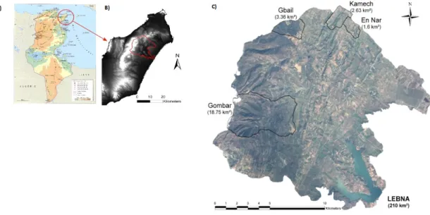 Figure 7 : A) Localisation du bassin versant du Lebna en Tunisie.  