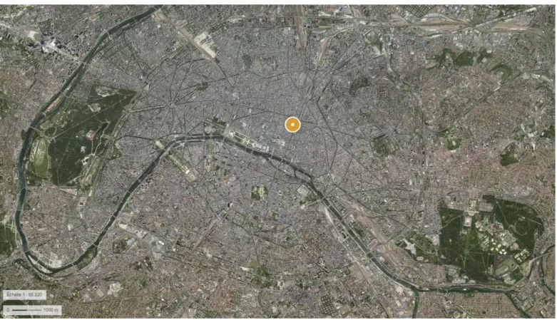Figure 10 : vue aérienne de Paris, le point orange étant la position de l'immeuble étudié