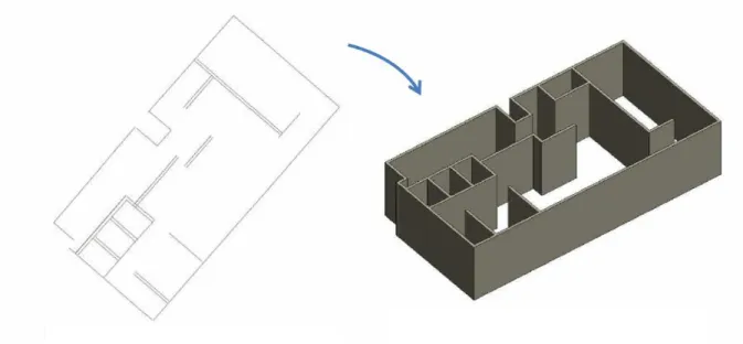 Figure 17: Passage du plan 2D à la vue 3D par un programme sous Revit (Source TFE ESGT 2016 Maxime RENAUD) 