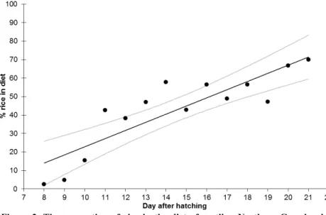 Figure 2. The proportion of rice in the diet of nestling Northern Grey-headed  Sparrows, depending on their age (regression and 95 % C.I.)