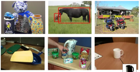 Figure 1.2: The task of object recognition is viewed somewhat differently in the fields of pure computer vision (first row) and robotics (second row)
