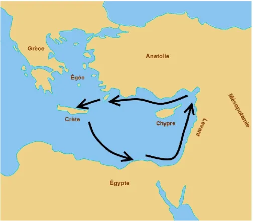 Figure 2.5 : route probable des premières interactions dans l’est de la Méditerranée 