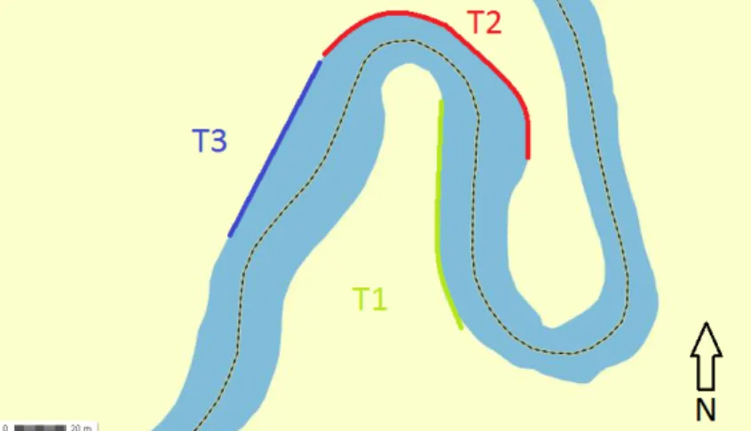 Figure 1.2  Tronçons d'étude de l'Huisne (Source : http ://www.géoportail.com) La campagne de levé a eu lieu à trois périodes distinctes an de permettre l'étude de l'érosion durant ces intervalles de temps