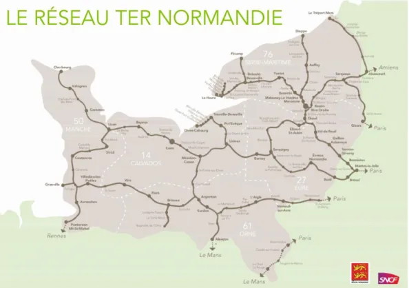 Figure 7 : Le réseau TER en Normandie (Source :  https://www.ter.sncf.com/normandie/gares/carte-du- https://www.ter.sncf.com/normandie/gares/carte-du-reseau-ter-normandie ) 
