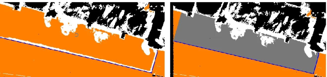 Figure 25: Classification d'un trottoir. Digitalisation du contour extérieur du trottoir à partir d'une polyligne (gauche) et  résultat obtenu après l'étape de classification automatique (droite)