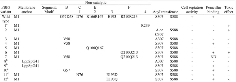 Table 1. Structural requirements for E. coli PBP3 activities.  Non-catalytic  PBP3  variant  Membrane anchor  Segment: Motif:  B  C 1  E 2  3  F  4  Acyl transferase  Cell septation activity  Penicillin binding  Toxic effect  Wild  type  M1  G57D58  D76  R