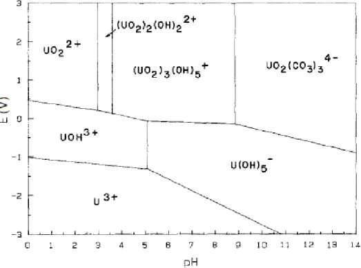 Figure 6. Diagramme de Pourbaix dans un système avec la présence des atomes U-H-O-C. 15