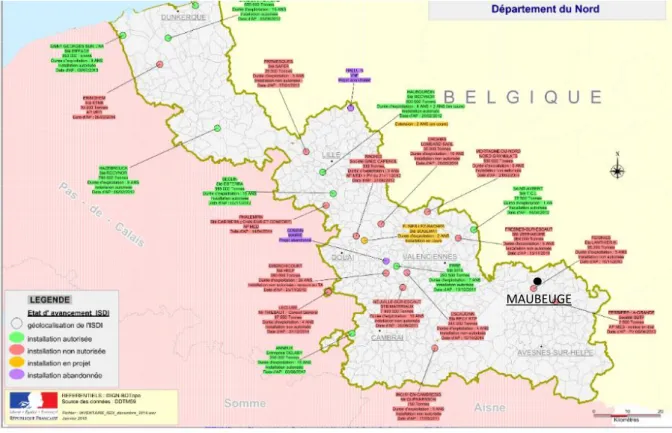 Figure 12 : Liste des ISDI recensées en 2015 dans le département du nord, d'après « Inventaire janvier 2015 - Installations de  Stockage de Déchets Inertes du Département du Nord », www.nord.gouv.fr 