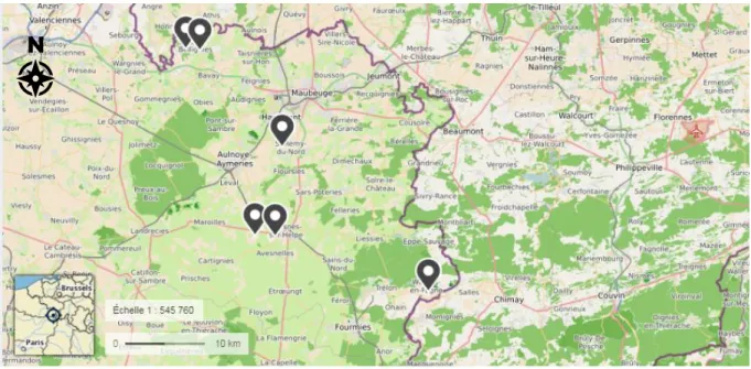 Figure 14 : Emplacement des carrières en activité de l'Avesnois sur fond de carte Géoportail 