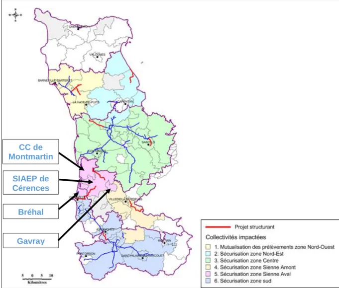 Figure 5 : Localisation des projets d'interconnexions structurantes (schéma SDeau50 de 2013) 