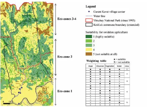 Figure 3: Overall suitability map for swidden agriculture land for the Kavet people, according  to their ethno-ecological knowledge and preferences.