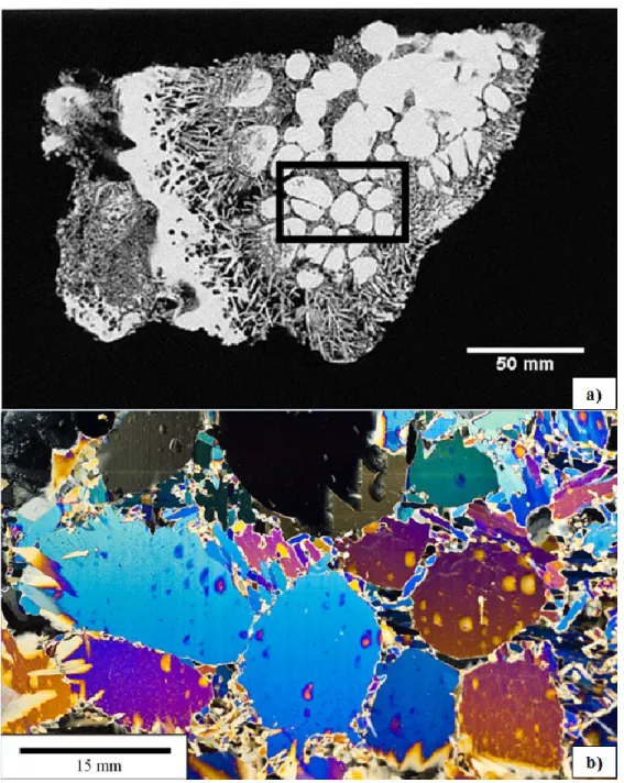 Figure 2.13. (a) Horizontal CAT scan slice of sample E1 showing the ball-shaped solid ice and general porosity (grayscale)  and (b) thin section using X polarizers (identified in 13a) showing the crystallography of the ball-shaped solid ice separated  by r