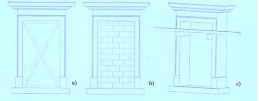 Figure nº 8 : Renforcement de baies a) profilés métalliques b) agglomérés c) liaison à la structure  de stabilisation de façade