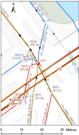 Figure 20 Situation au niveau du déversoir VG4 : mise  en évidence du passage des voies de tram, extraction  du SITG 