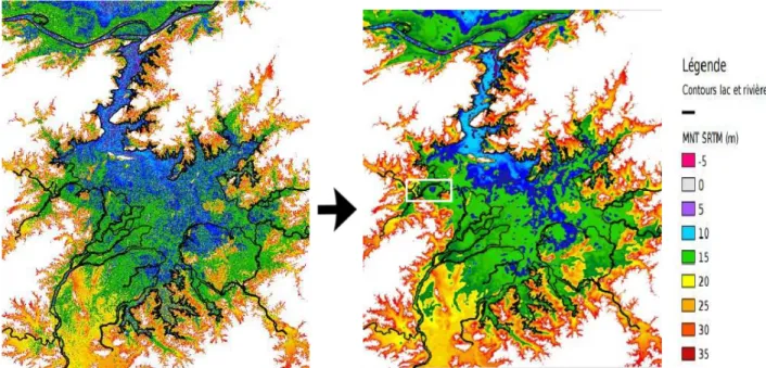 Figure 2.10 : MNT SRTM à 30 mètres brut (à gauche) et après application d'un filtre Gaussien sur 1 km (à droite) 