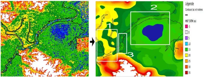 Figure 2.12 : Visualisation du MNT SRTM à 30 m, brut (à gauche) et après application d'un filtre Gaussien sur 1 km (à  droite)