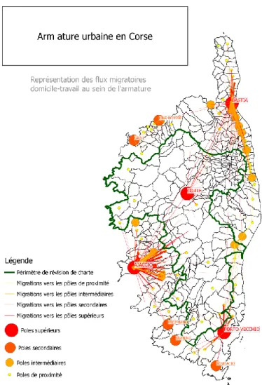 Figure 11 Armature urbaine en Corse et flux migratoires domicile-travail 