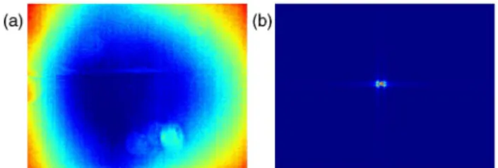 Fig. 1. (Color online) (a) Typical thermal background in an LWIR lensless DH setup and (b) contribution to the numerical reconstruction.