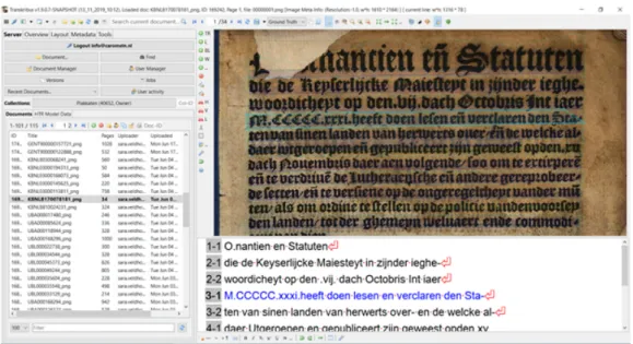 Figure 2: Screenshot of Transkribus (v. 1.9.0.7) - showing a 16th century Dutch Gothic ordinance and the transcription.