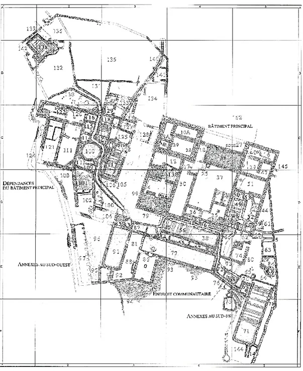 Figure 6 : Plan des loci des ruines de Qumrân à la période Ib conformément à Roland de Vaux  (Source : Humbert &amp; Chambon, Fouilles de Khirbet Qumran et de…  1994  p  16, Plan IV) 