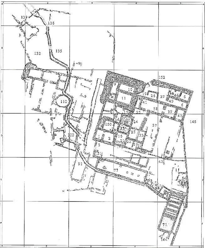 Figure 8 : Plan des loci des ruines de Qumrân à la période III conformément à Roland de Vaux  (Source : Humbert &amp; Chambon, Fouilles de Khirbet Qumran et de …  1994  p  18, Plan VI) 