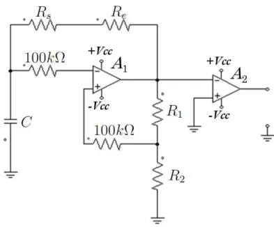 Figure 3.1: Square wave signal generator. Re is a variable resistance (e.g. the conductivity cell, see gure 3.2).