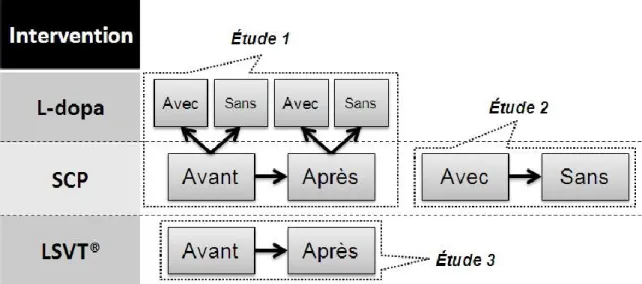 Figure 6. Schéma expérimental des trois études en relation avec les types de prise en charge thérapeutique 