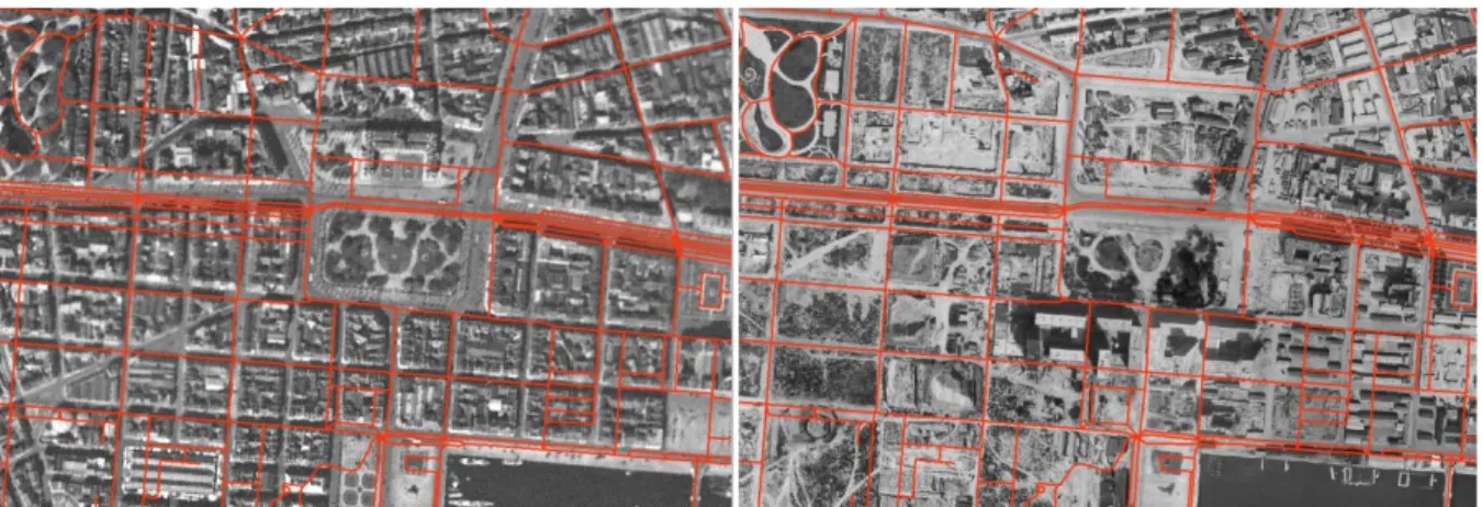 Figure 1 : À gauche, photo aérienne du Havre en 1939 (Hôtel de Ville) superposée au réseau de voirie actuel, à droite, photo  aérienne de 1949