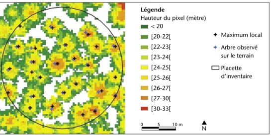 Figure 5 – La couche raster (pixels de 50 cm) représentée est le MNH uniquement pour les zones de végé- végé-tation haute