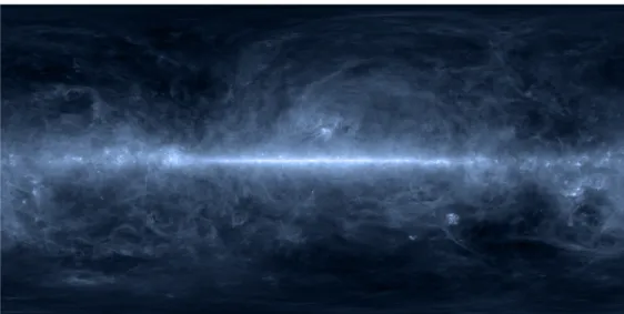 Figure 1.4 – Le ciel IRAS à 100µm. L’émission en infrarouge de la poussière dévoile les structures à grande échelle du milieu interstellaire.