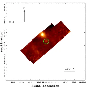 Fig. 3.— The MIPS 70 µ BCD (Basic Calibrated Data) image of ϵ Cephei retrieved from the Spitzer Heritage Archive shows only a very weak detection at the stellar position (green circle), and a much stronger far-infrared source located 76 ′′ to its NNE.