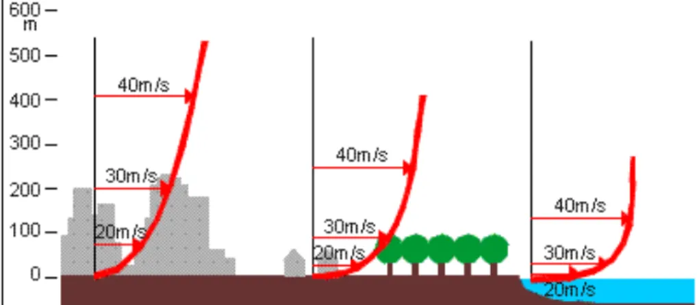 Figure 6 : Variations de la vitesse du vent, selon l'altitude et la nature du sol. 