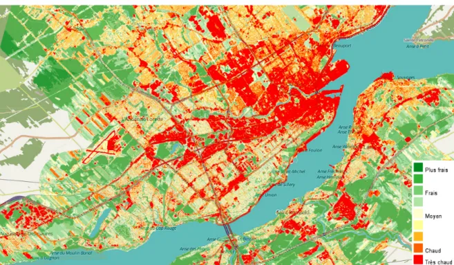 Figure 9 : Cartographie des îlots de chaleur et des îlots de fraîcheur urbains de la CMQ
