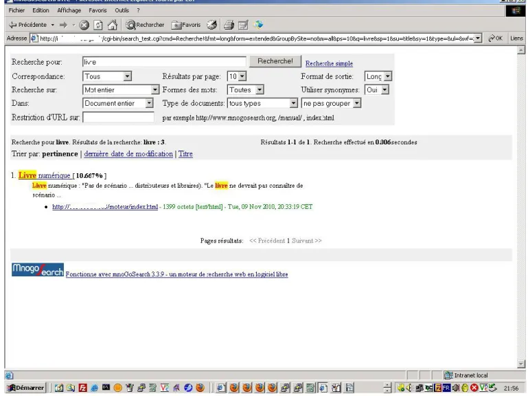 Figure 11 : capture d'écran de résultats sans cache de documents