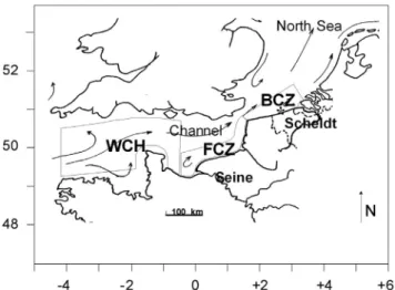 Figure 3. Map of the study area with the MIRO-DMS multi-box frame delimitation with WCH = Western Channel; FCZ = French Coastal Zone; BCZ = Belgian Coastal Zone (adapted from Gypens et al