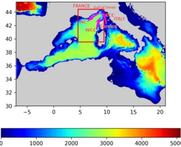 Figure 1. The red rectangle delimits the studied region, and the color represents the bathymetry in meters