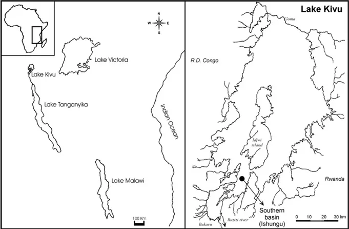 Fig. 1. Location of Lake Kivu in East Africa (left panel) and the sampling site (Ishungu, southern basin).